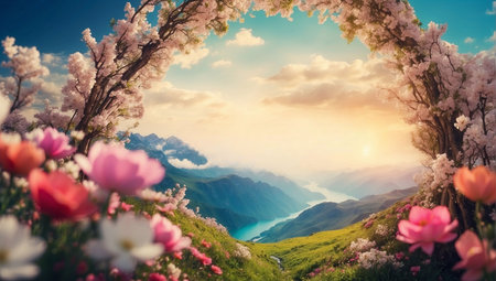 Beautiful spring landscape with blooming flowers on the hillside.