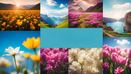 Collage of spring flowers on the background of a mountain landscape.の素材