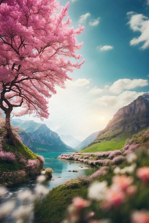 Beautiful spring landscape. Cherry blossoms in the mountains and lake.の素材