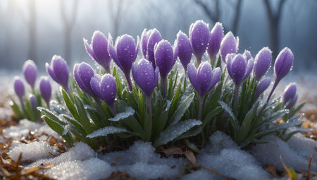 Beautiful crocus flowers in the snow. First spring flowers.の素材