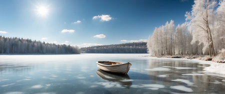 Frozen lake with wooden boat in winter, panoramic viewの素材