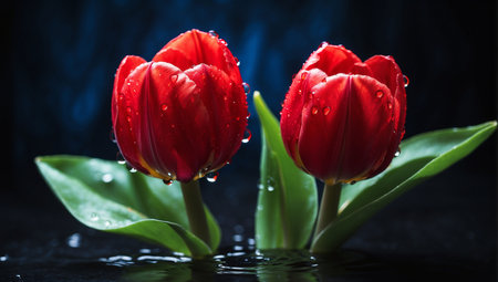 Beautiful red tulips with water drops on dark blue background.の素材