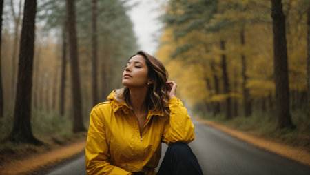 Young woman in yellow jacket sitting on the road in autumn forest.の素材
