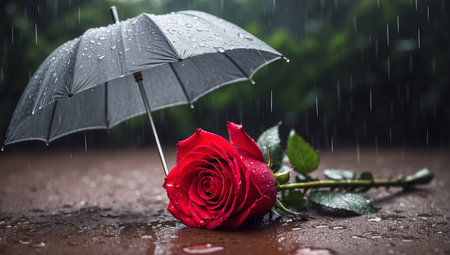 Red rose with umbrella in the rain. Rainy weather concept.の素材