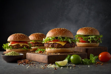 Homemade hamburgers with fresh vegetables and spices on dark backgroundの素材