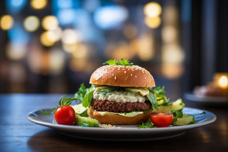 Hamburger with fresh vegetables on wooden table in restaurant. Selective focusの素材
