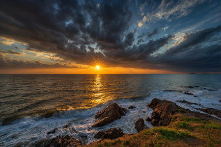 Sunset over the sea. Beautiful seascape. Dramatic sky.の素材