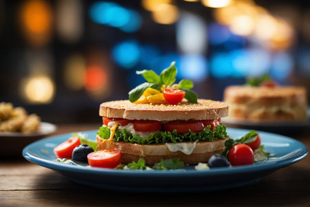 Vegetarian sandwich with cherry tomatoes, mozzarella cheese and herbsの素材