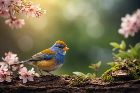 Colorful bird with blossom sakura background in spring time.の素材