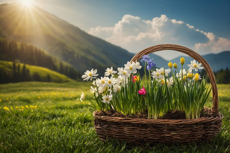 Beautiful spring flowers in a basket on the grass in the mountainsの素材