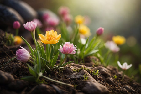 Spring flowers in the garden with bokeh background, selective focus.の素材