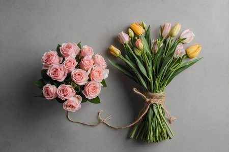 Bouquet of pink and yellow tulips on a gray backgroundの素材