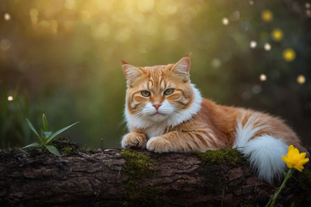 Cute ginger cat sitting on a tree in the garden at sunsetの素材