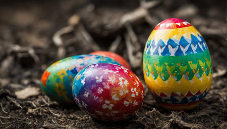 Painted easter eggs on a rustic background with space for textの素材