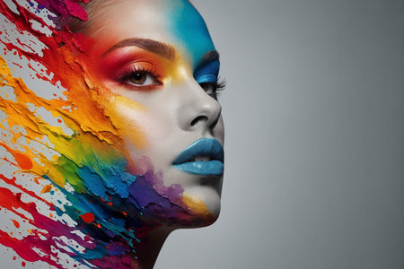 Beautiful girl with multicolored make-up on a gray backgroundの素材