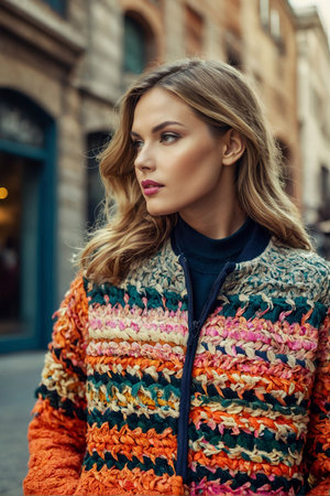 Outdoors portrait of beautiful young blonde woman in autumn coat posing on the street.の素材