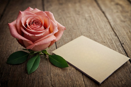 pink rose and blank card on wooden background, retro tonedの素材