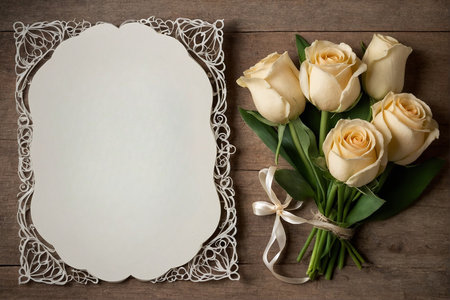 White roses on a wooden background with a blank card for text.の素材