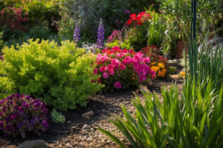 Flowerbed with colorful flowers in a garden on a sunny dayの素材