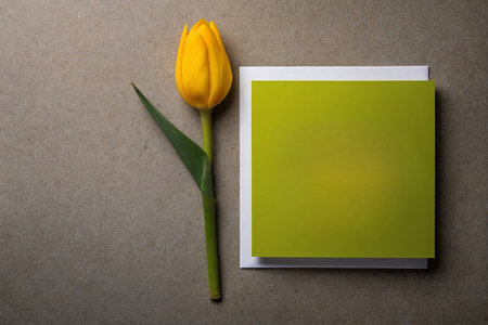 Yellow tulip and card on grey background. Flat lay, top viewの写真素材