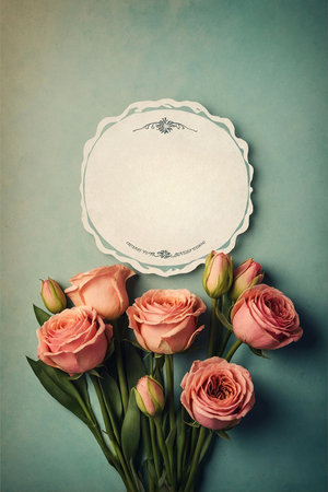 Bouquet of pink roses on blue background. Vintage style.の写真素材