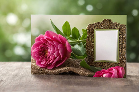 Photo frame with pink peony flower on old wooden table with bokeh backgroundの写真素材