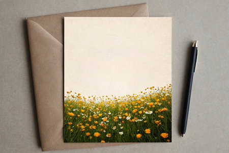Blank paper and envelope with pen on green grass and flowers backgroundの写真素材