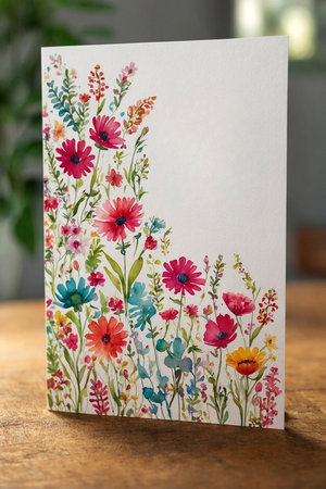 Blank card with colorful flowers on wooden table, close-upの写真素材