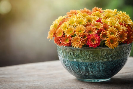 Chrysanthemum flowers in vase on wooden table.の写真素材
