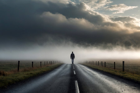 Man standing on the road in the fog and looking at the horizonの写真素材