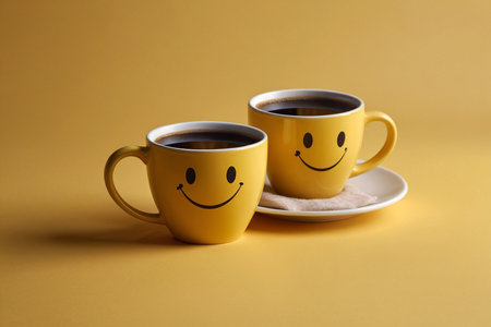 Two yellow cups of coffee with smiley faces on a yellow backgroundの写真素材