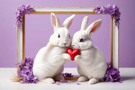 Two white rabbits with a heart in a frame on a purple backgroundの写真素材