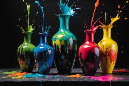 Colorful paint splashing from a vase on a black background