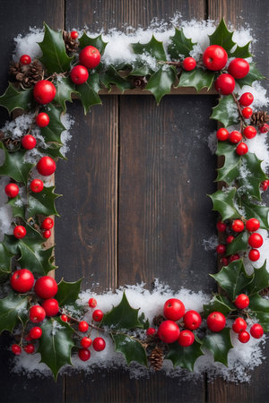 Christmas decoration with holly berry and snow on dark wooden backgroundの写真素材