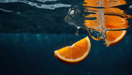 Fresh orange falling into water with splash on blue background, closeupの写真素材