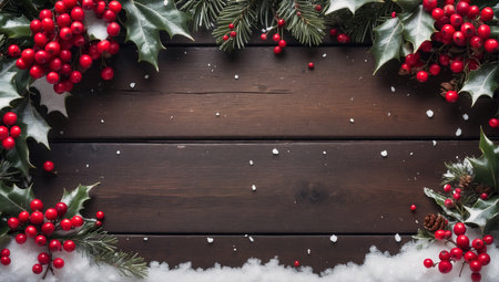 Christmas background with holly berry and snow on dark wooden boardの写真素材