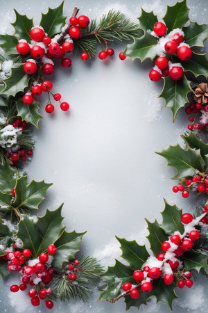 Christmas background with holly berries and snow. Top view with copy spaceの写真素材