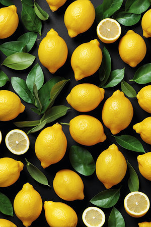 Lemons and lemons with green leaves on a black background