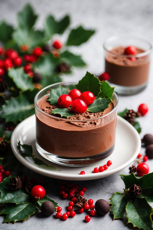 Chocolate mousse with holly leaves and berries, selective focusの写真素材