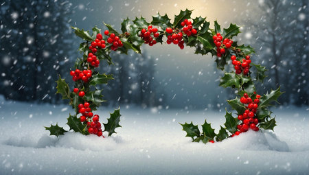 Christmas holly wreath in winter forest. 3D illustration.の写真素材