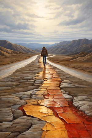 Man walking on the road in the desert. 3d rendering.の写真素材
