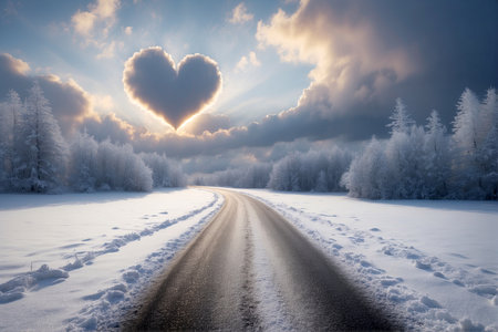 Beautiful winter landscape with road and heart-shaped cloud in the skyの写真素材