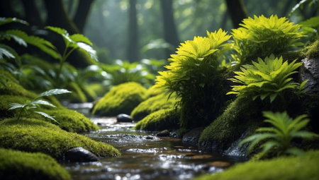 Stream in the forest with moss and ferns in the foregroundの写真素材