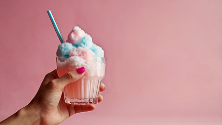 Female hand holding a glass of cotton candy on pink background with copy spaceの写真素材