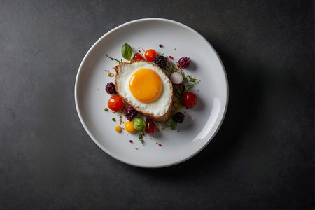 Fried egg with vegetables on a white plate on a dark backgroundの写真素材