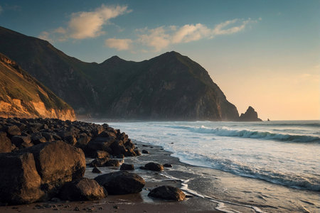 Sunset on the beach of Llanes, Asturias, Spainの写真素材