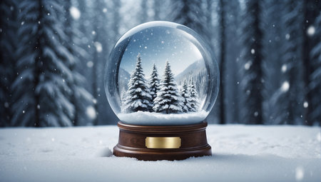Snow globe with fir trees in snowy forest. Christmas and New Year concept.