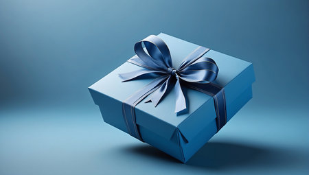 Blue gift box with blue bow on blue background. 3D rendering