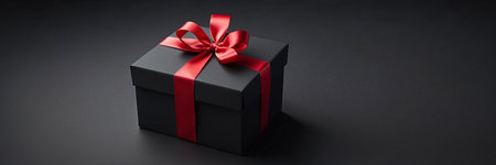 Black gift box with red ribbon bow on black background. 3d rendering