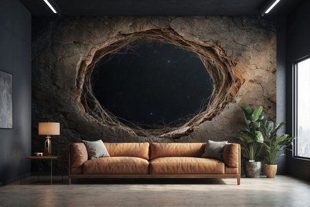 Interior of modern living room with concrete walls, concrete floor, brown sofa and round window. 3d renderingの写真素材